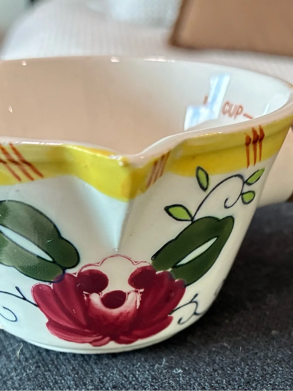 Vintage Hand-Painted Ceramic Measuring Cups with Wood Handles - Set of 3